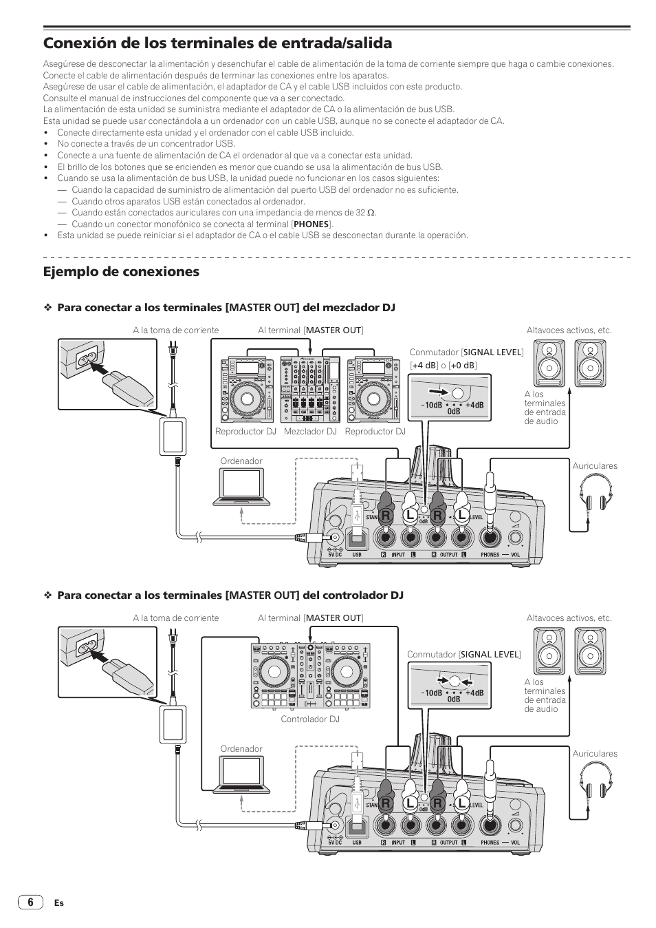 Conexión de los terminales de entrada/salida, Ejemplo de conexiones, Rl r l | Pioneer RMX-500 Manual del usuario | Página 6 / 16