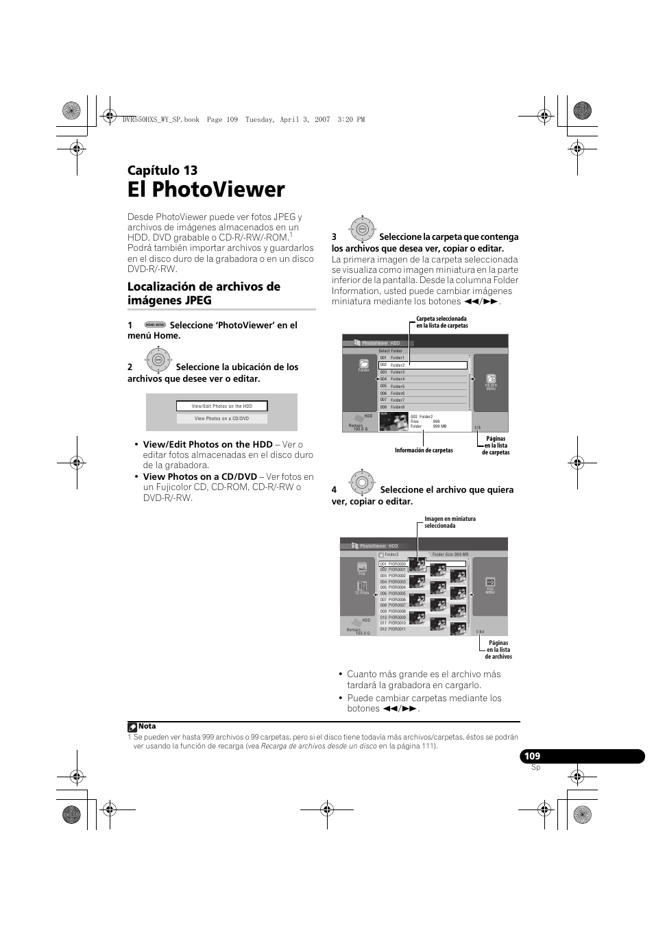 13 el photoviewer, Localización de archivos de imágenes jpeg, El photoviewer | Capítulo 13 | Pioneer DVR-550HX-S Manual del usuario | Página 109 / 155