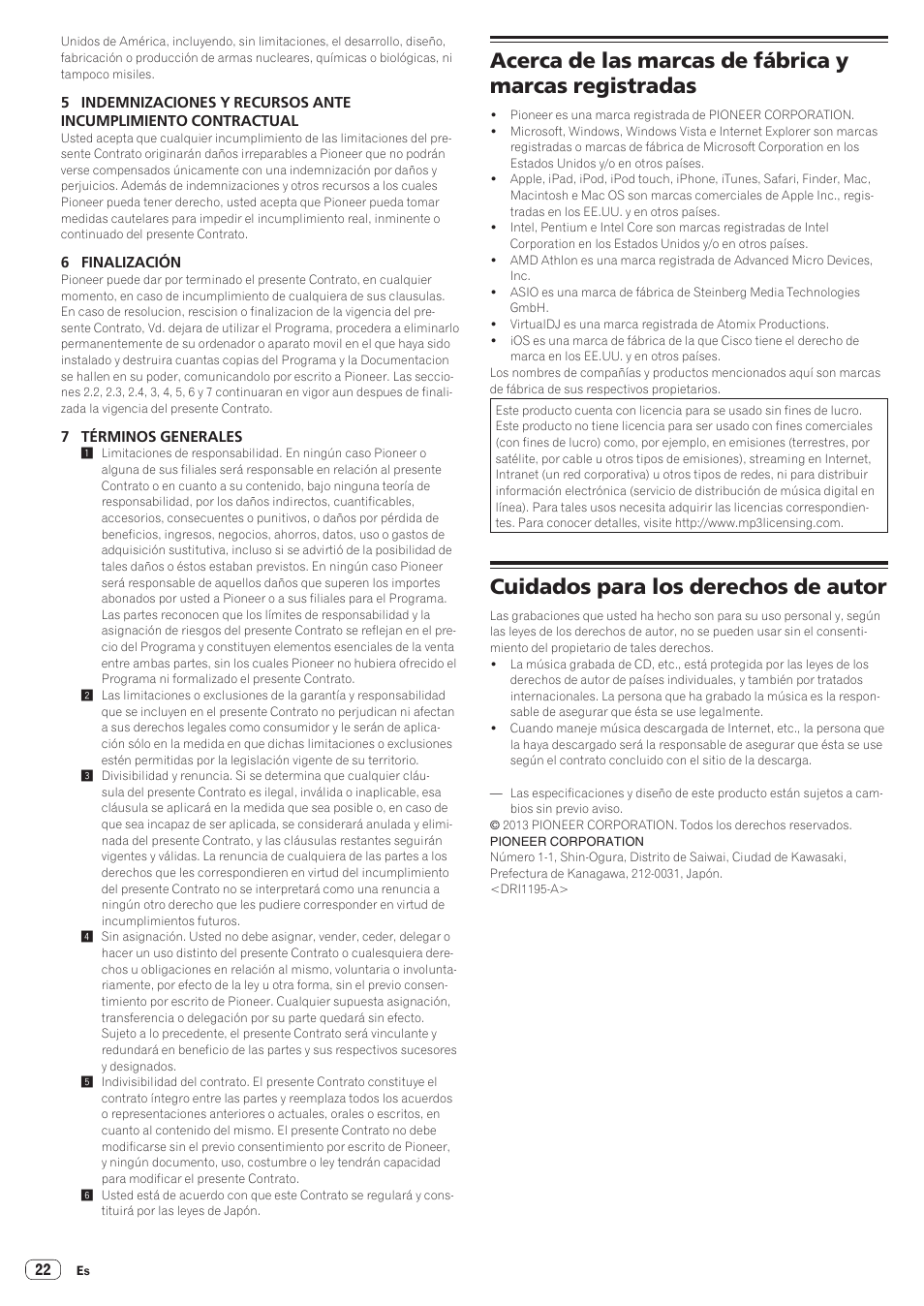 Cuidados para los derechos de autor | Pioneer DDJ-WeGO2 Manual del usuario | Página 22 / 22