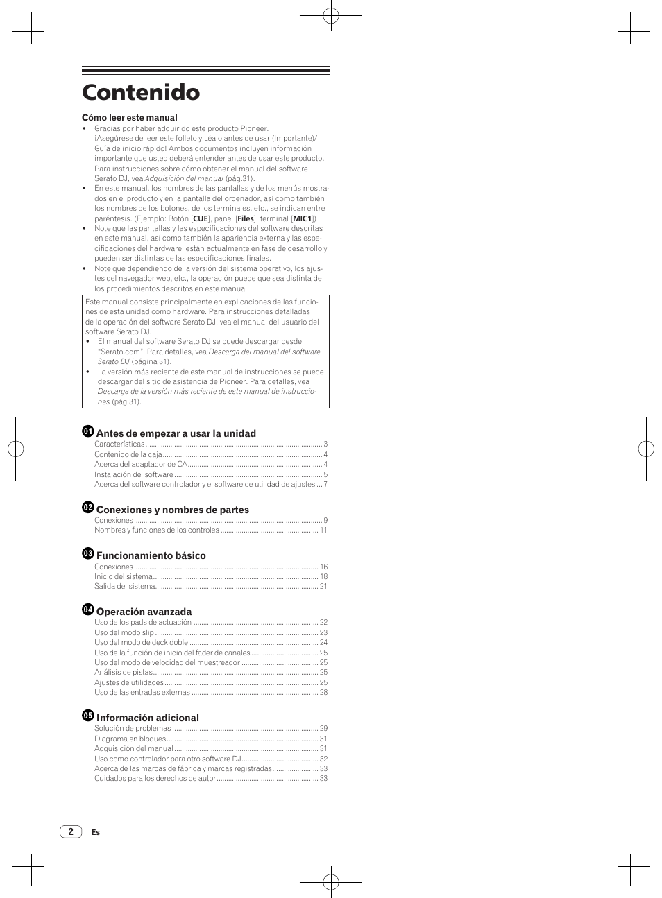 Pioneer DDJ-SX Manual del usuario | Página 2 / 33