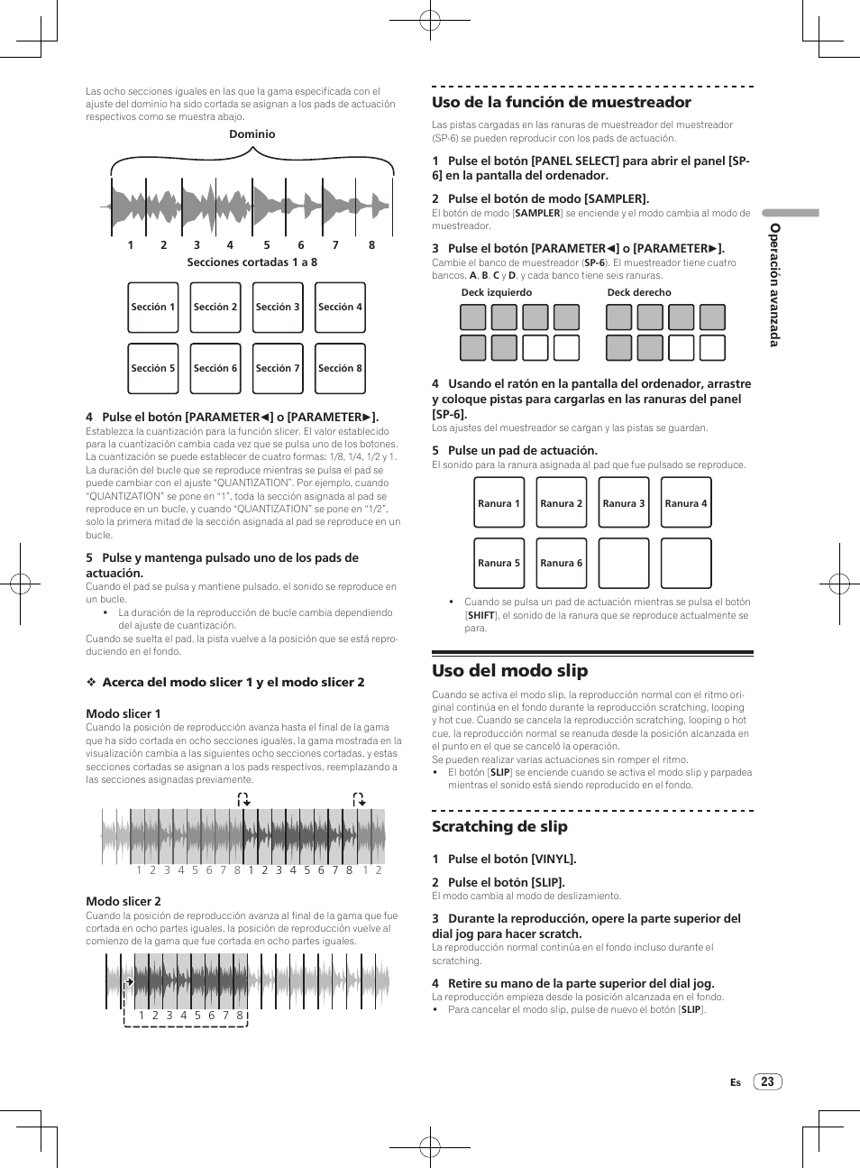 Uso del modo slip, Uso de la función de muestreador, Scratching de slip | Pioneer DDJ-SX Manual del usuario | Página 23 / 33
