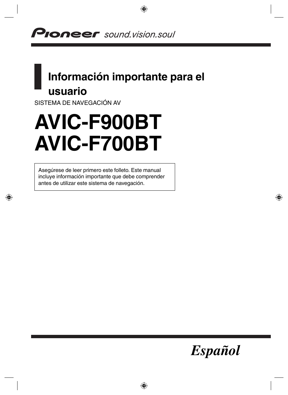 Pioneer AVIC-F700BT Manual del usuario | Páginas: 20