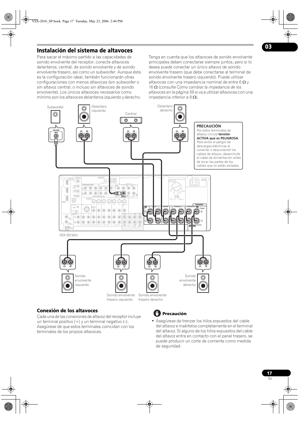 Instalación del sistema de altavoces, Conexión de los altavoces, Precaución | Subwoofer | Pioneer VSX-2016AV-S Manual del usuario | Página 17 / 80