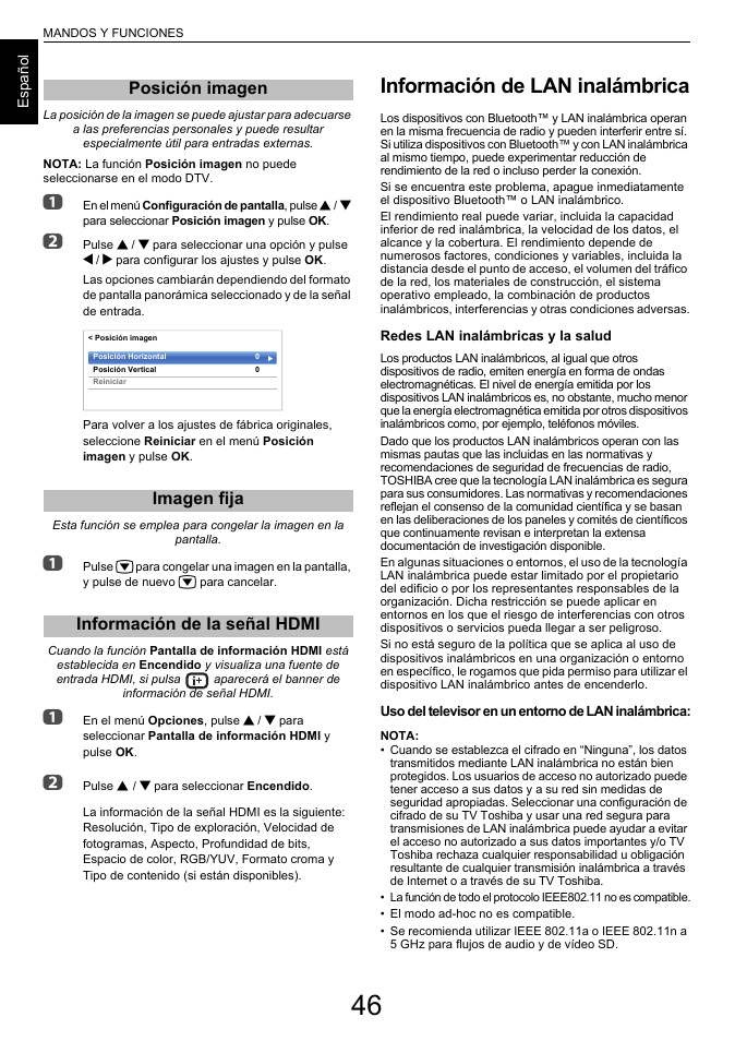 Posición imagen, Imagen fija, Información de la señal hdmi | Información de lan inalámbrica | Toshiba L7463 Manual del usuario | Página 46 / 104