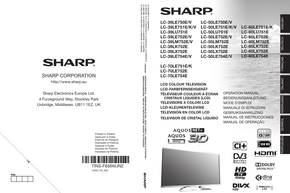 Sharp LC-39LE752E Manual del usuario | Páginas: 64