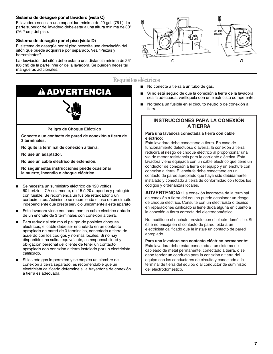 Advertencia, Requisitos eléctricos | Whirlpool WFC7500VW Manual del usuario | Página 7 / 26