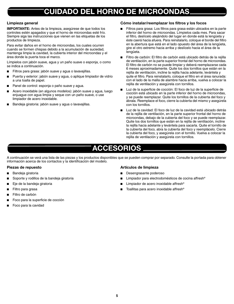 Cuidado del horno de microondas accesorios | Whirlpool WMH31017AS Manual del usuario | Página 5 / 8