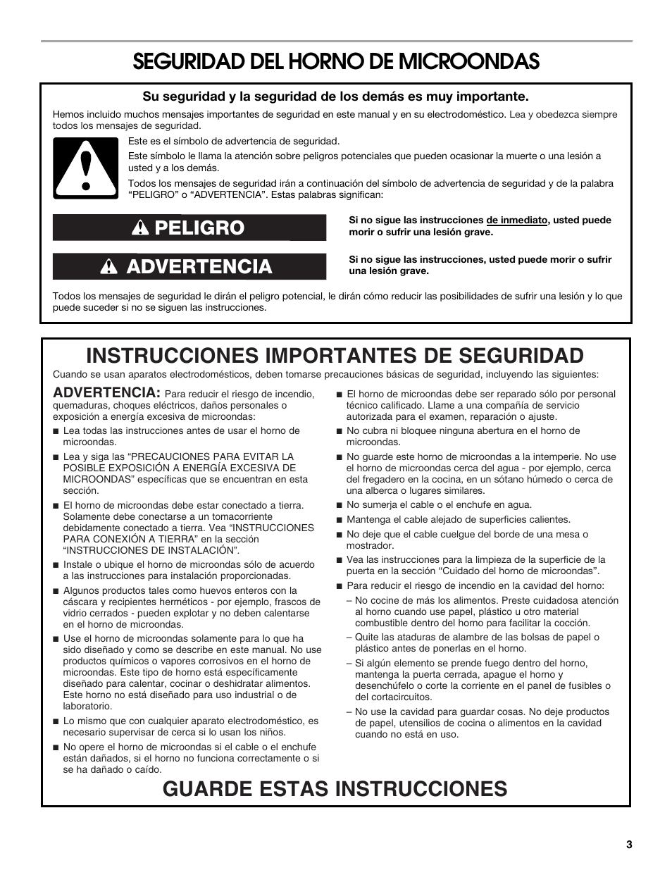 Seguridad del horno de microondas, Advertencia peligro, Advertencia | Whirlpool UMC5225DS Manual del usuario | Página 3 / 17
