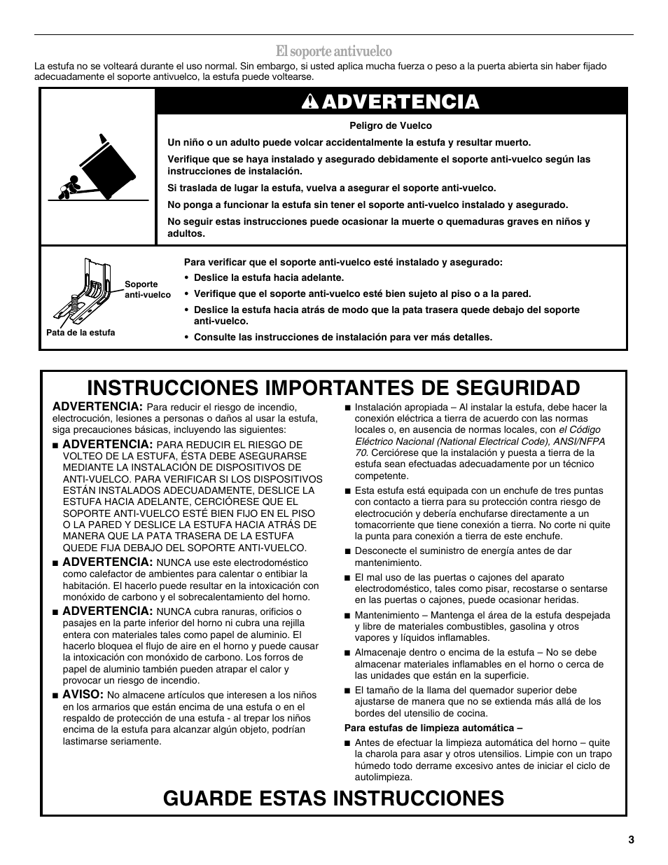 Advertencia, El soporte antivuelco | Whirlpool WFG510S0AS Manual del usuario | Página 3 / 19