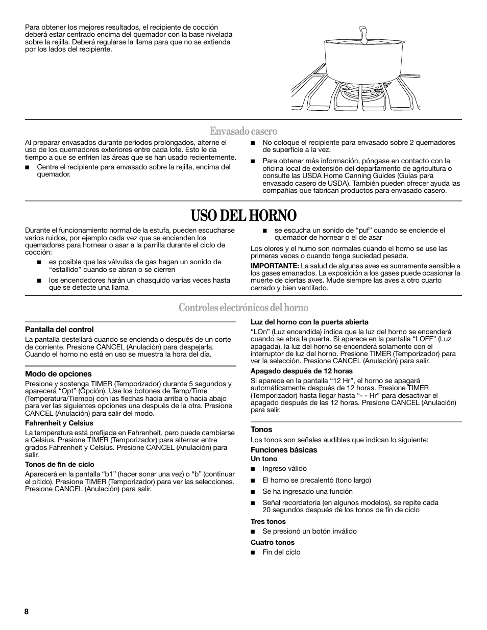 Uso del horno, Envasado casero, Controles electrónicos del horno | Whirlpool WFG510S0AS Manual del usuario | Página 8 / 19