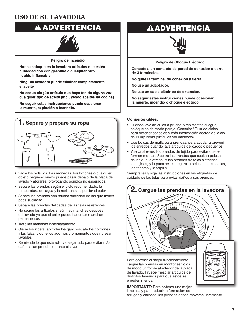 Advertencia, Uso de su lavadora, Separe y prepare su ropa | Cargue las prendas en la lavadora | Whirlpool WTW5500BW Manual del usuario | Página 7 / 19