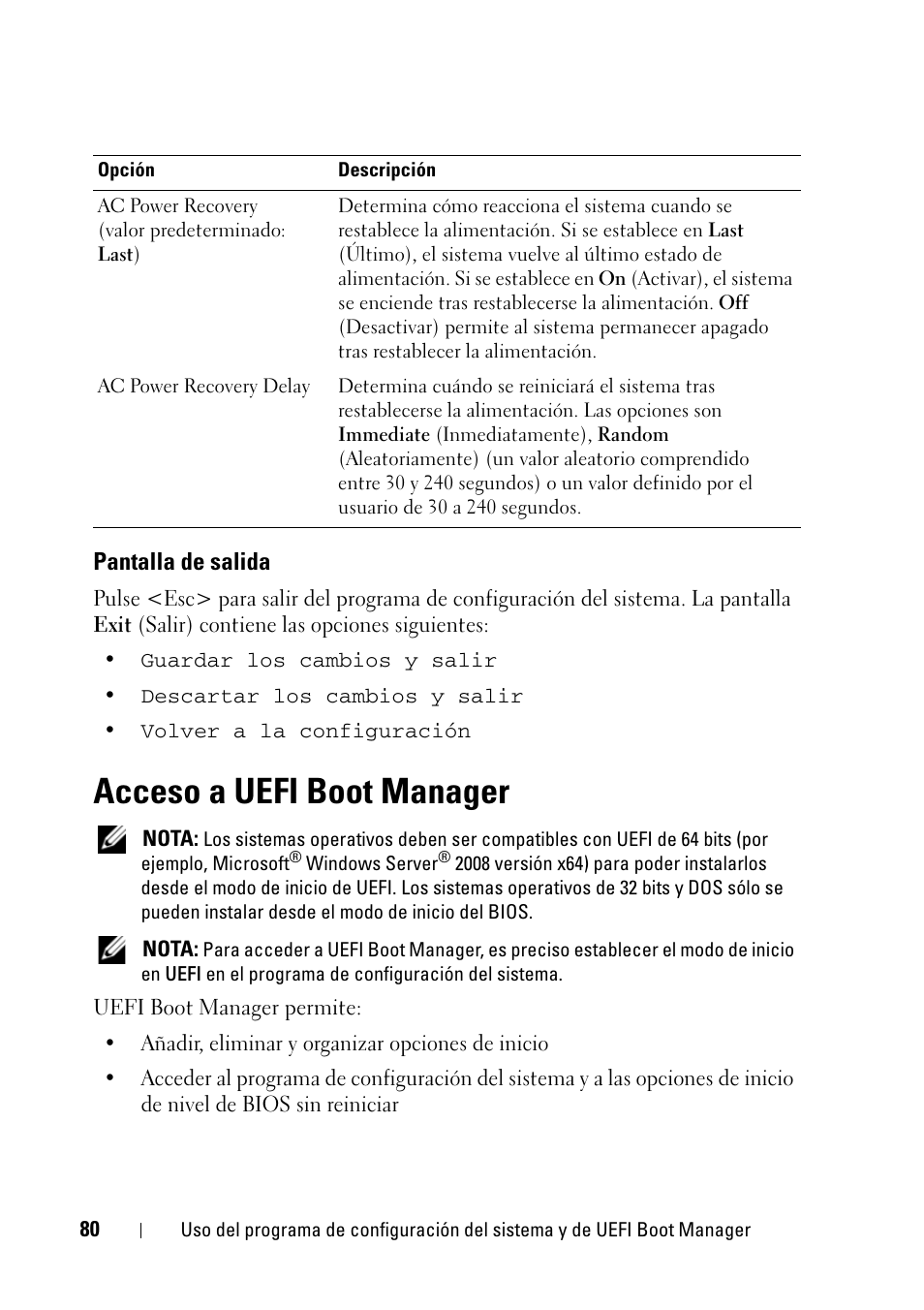 Pantalla de salida, Acceso a uefi boot manager | Dell POWEREDGE R710 Manual del usuario | Página 80 / 232