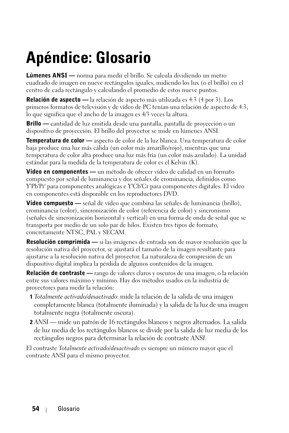 Apéndice: glosario | Dell 1410X Projector Manual del usuario | Página 54 / 59