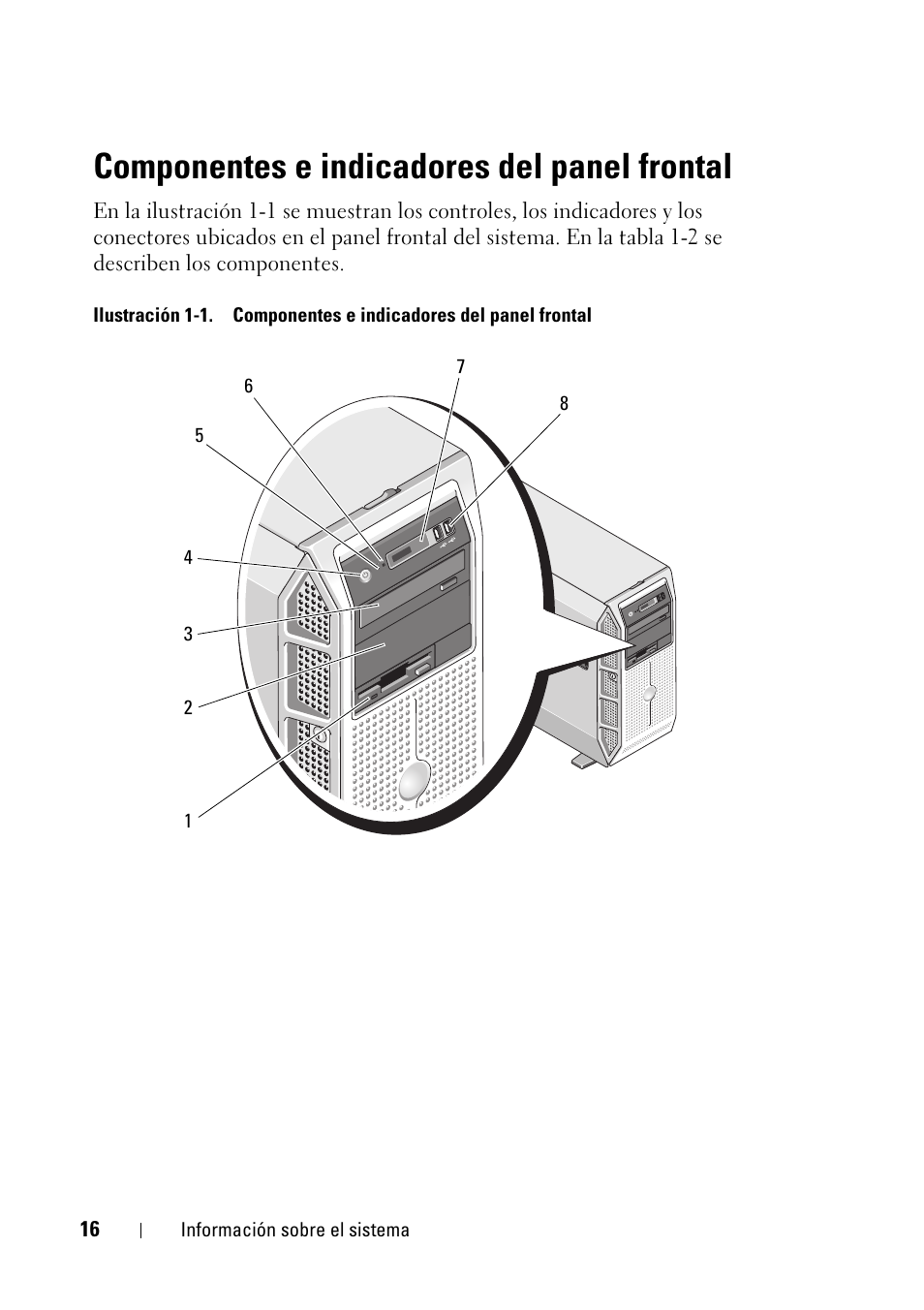 Componentes e indicadores del panel frontal | Dell PowerEdge T605 Manual del usuario | Página 16 / 262