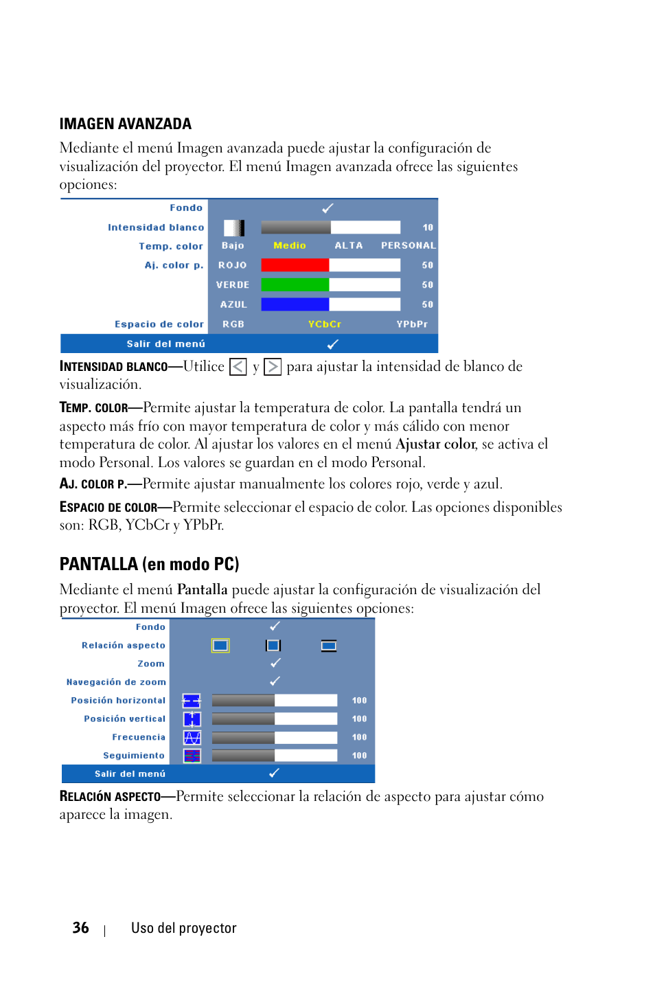 Imagen avanzada, Pantalla (en modo pc) | Dell S300 Projector Manual del usuario | Página 36 / 82