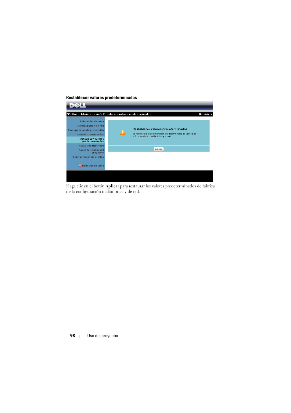 Restablecer valores predeterminados | Dell S500wi Projector Manual del usuario | Página 98 / 134