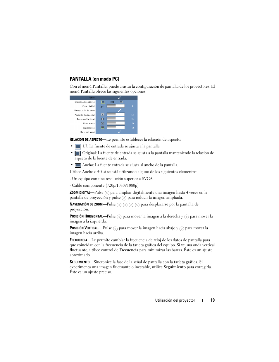 Pantalla (en modo pc) | Dell M109S Projector Manual del usuario | Página 19 / 36