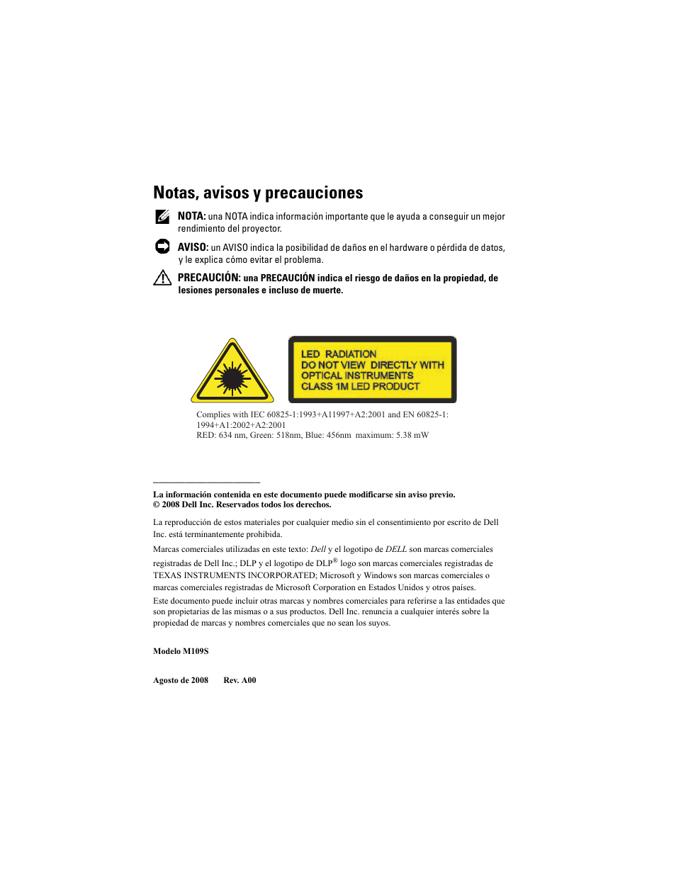 Notas, avisos y precauciones | Dell M109S Projector Manual del usuario | Página 2 / 36