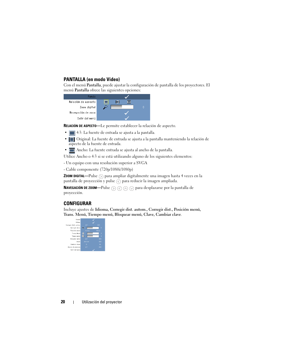 Pantalla (en modo vídeo), Configurar | Dell M109S Projector Manual del usuario | Página 20 / 36
