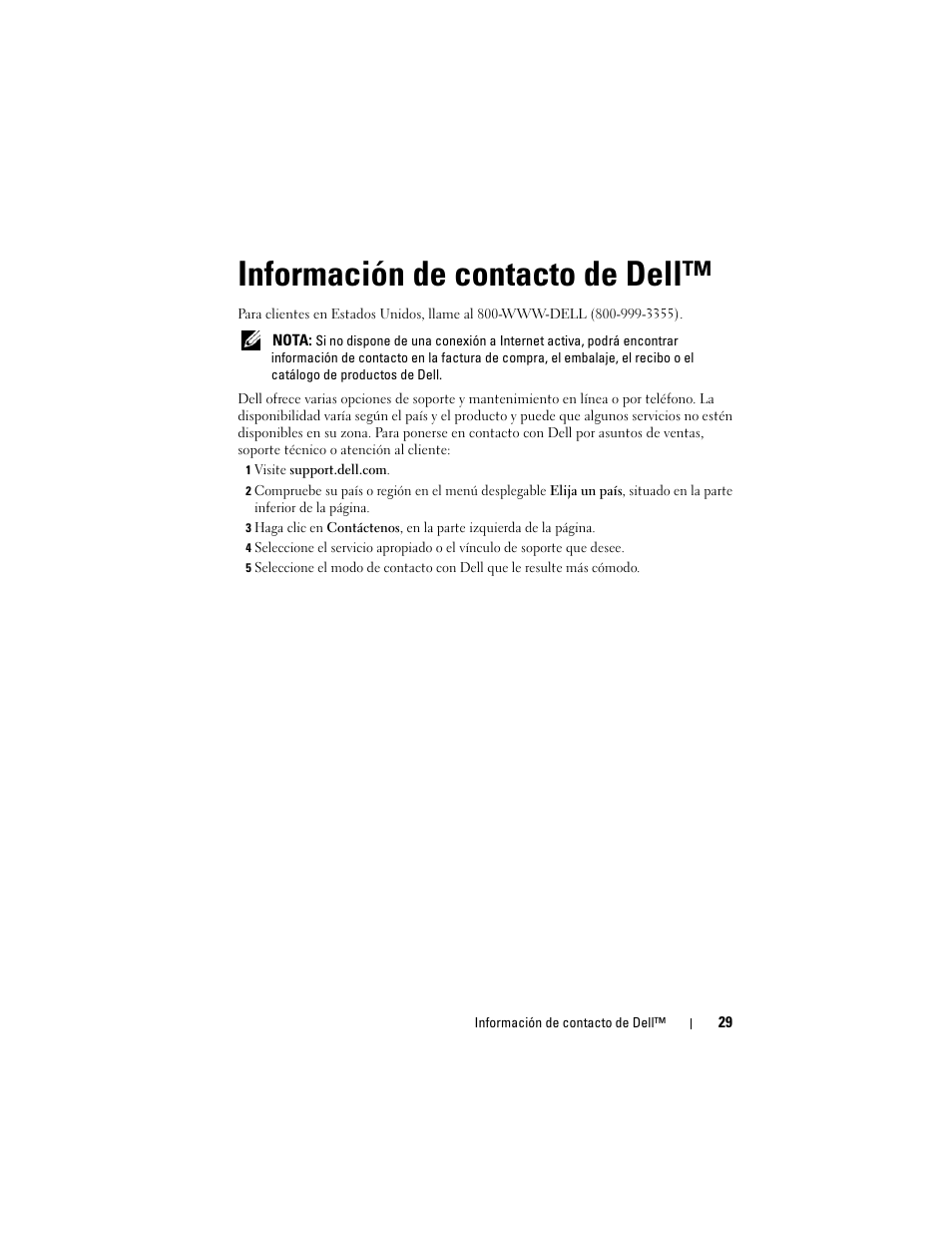 Información de contacto de dell | Dell M109S Projector Manual del usuario | Página 29 / 36