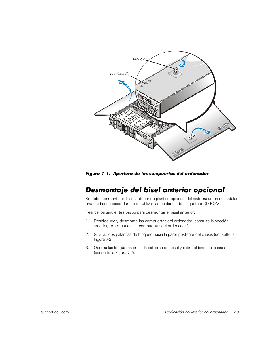 Desmontaje del bisel anterior opcional | Dell PowerEdge 2450 Manual del usuario | Página 63 / 176