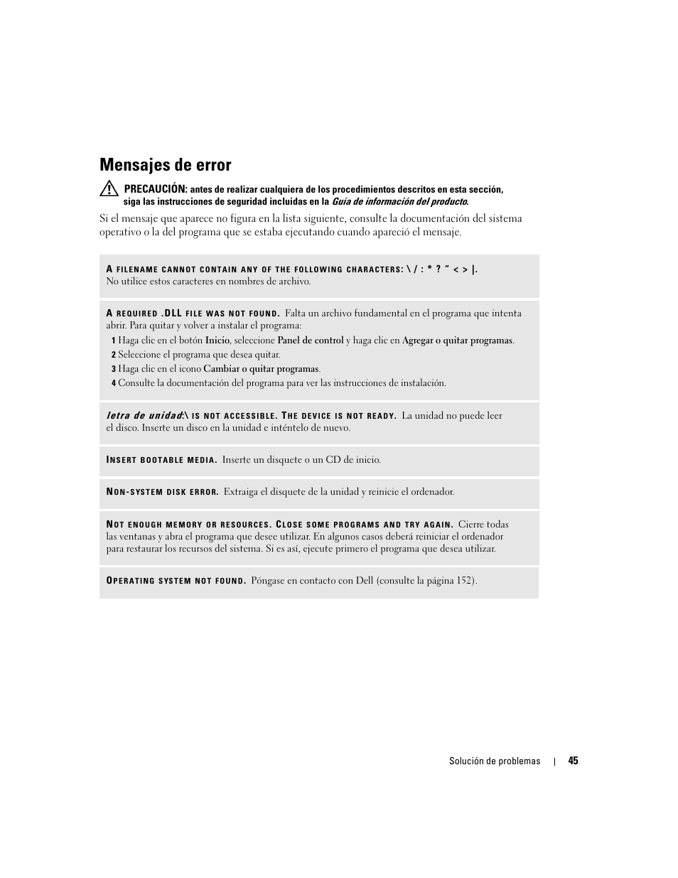Mensajes de error | Dell XPS 600 Manual del usuario | Página 45 / 178