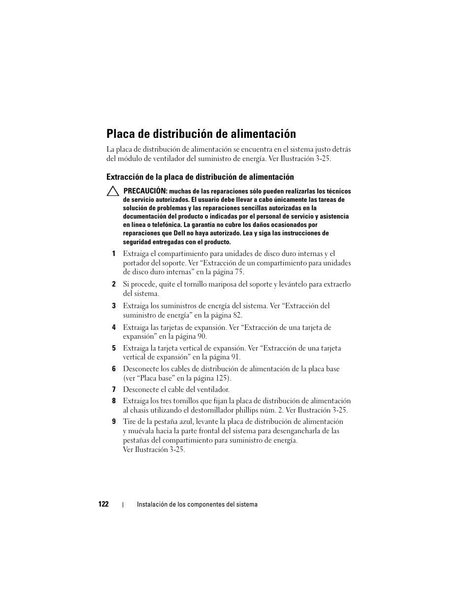 Placa de distribución de alimentación, Extracción de la placa de distribución, De alimentación | Dell DR4000 Manual del usuario | Página 122 / 164