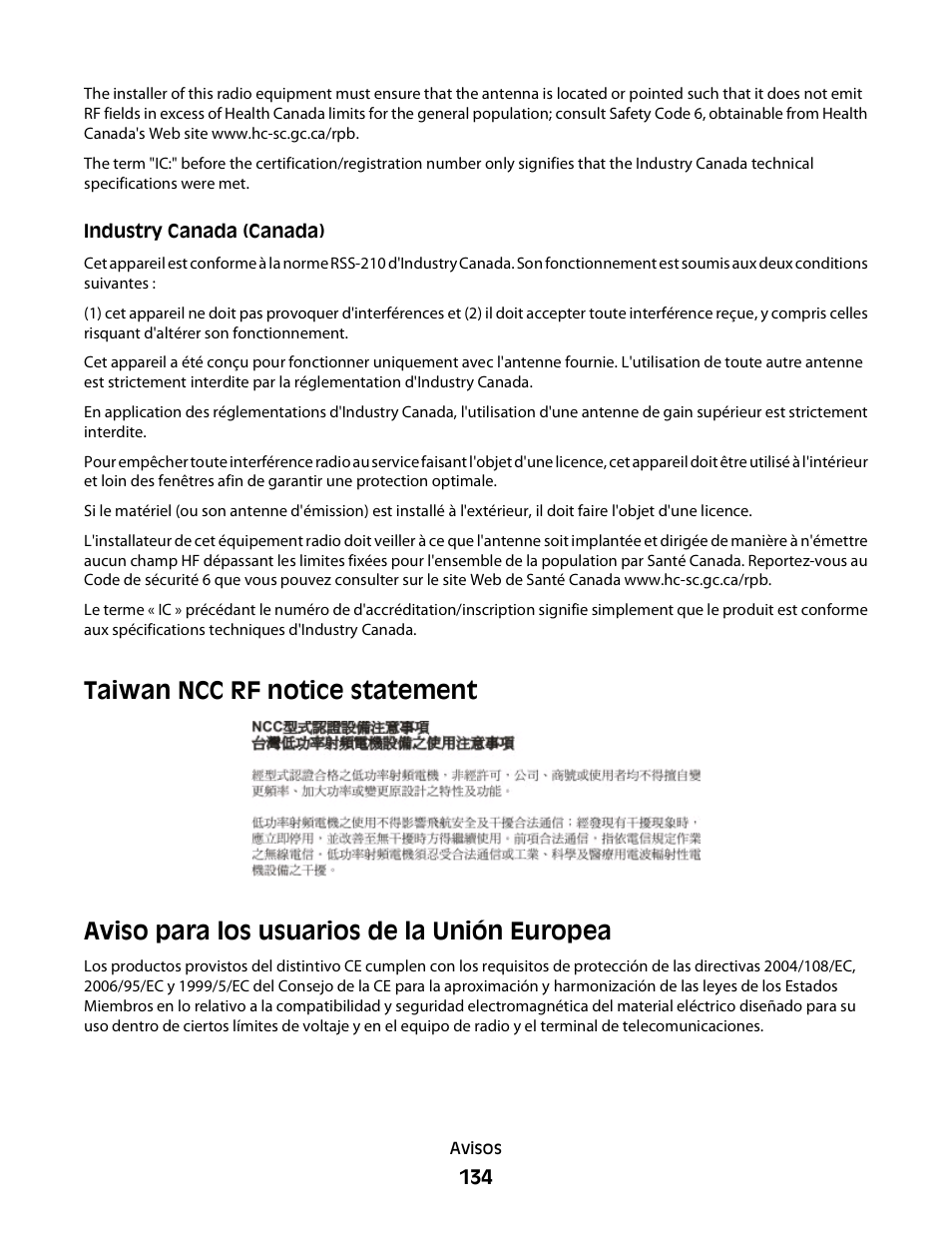 Taiwan ncc rf notice statement, Aviso para los usuarios de la unión europea | Dell V313w All In One Wireless Inkjet Printer Manual del usuario | Página 134 / 142