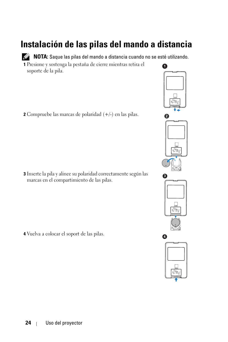 Instalación de las pilas del mando a distancia, Nota | Dell 1430X Projector Manual del usuario | Página 24 / 63