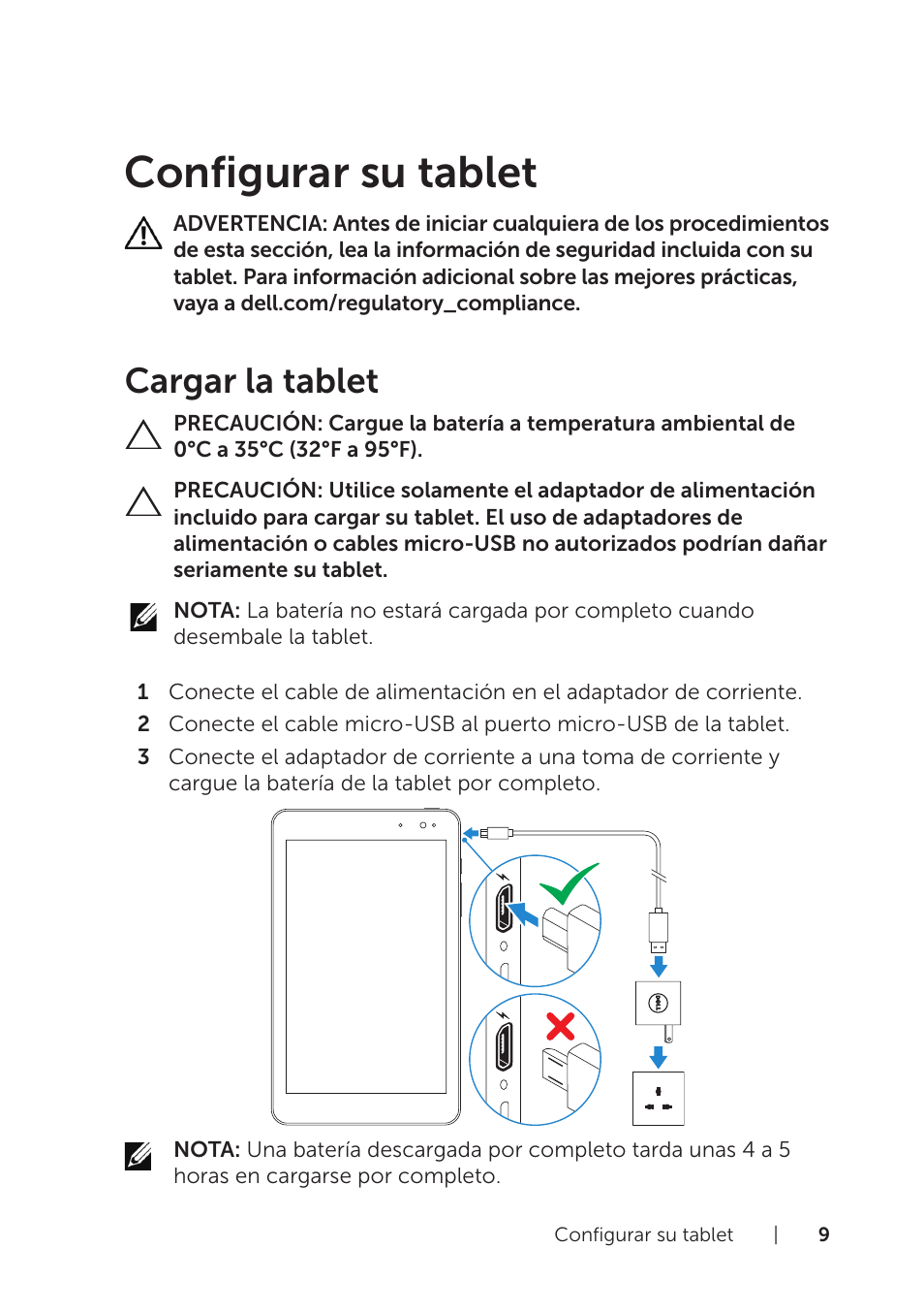 Configurar su tablet, Cargar la tablet | Dell Venue 8 Pro (3845, Late 2014) Manual del usuario | Página 9 / 39