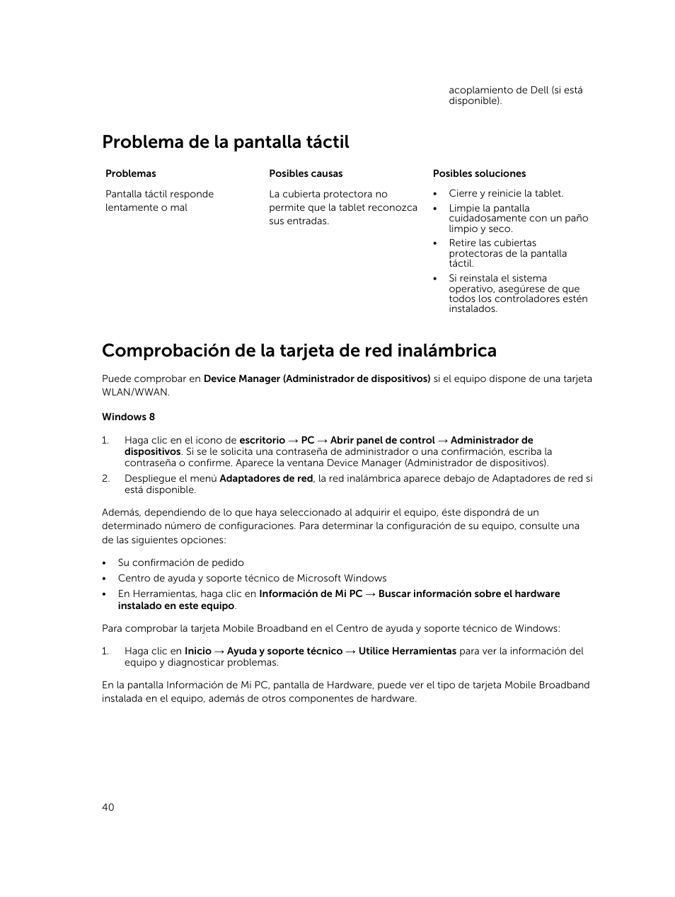 Problema de la pantalla táctil, Comprobación de la tarjeta de red inalámbrica | Dell Venue 11 Pro (7140, Late 2014) Manual del usuario | Página 40 / 58