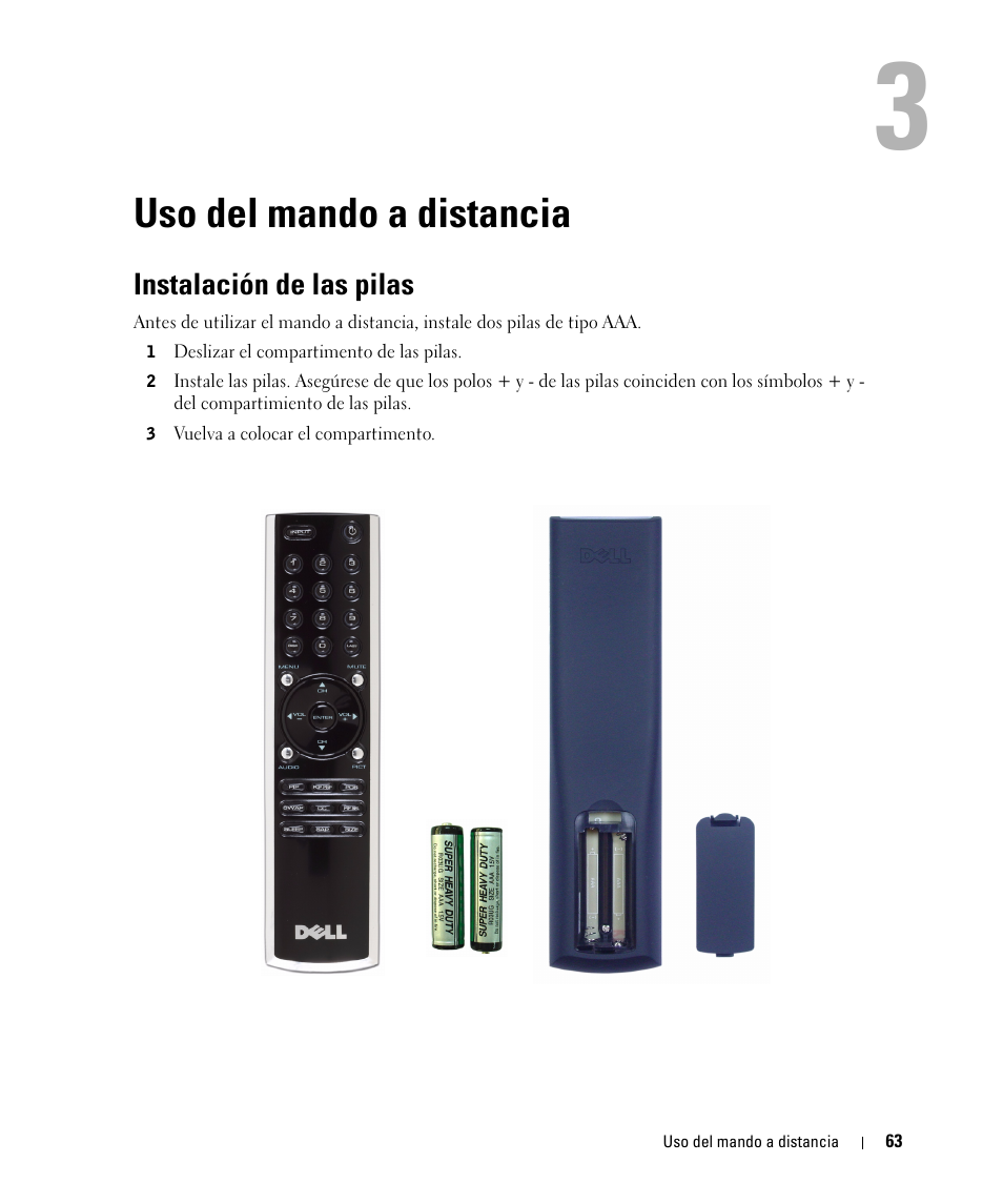 Uso del mando a distancia, Instalación de las pilas, 3 uso del mando a distancia | Dell W1900 Manual del usuario | Página 19 / 46