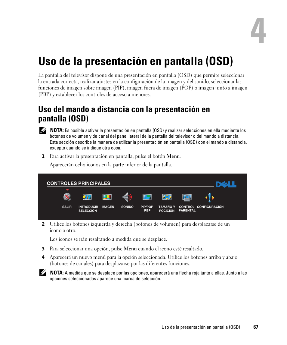 Uso de la presentación en pantalla (osd), 4 uso de la presentación en pantalla (osd) | Dell W1900 Manual del usuario | Página 23 / 46