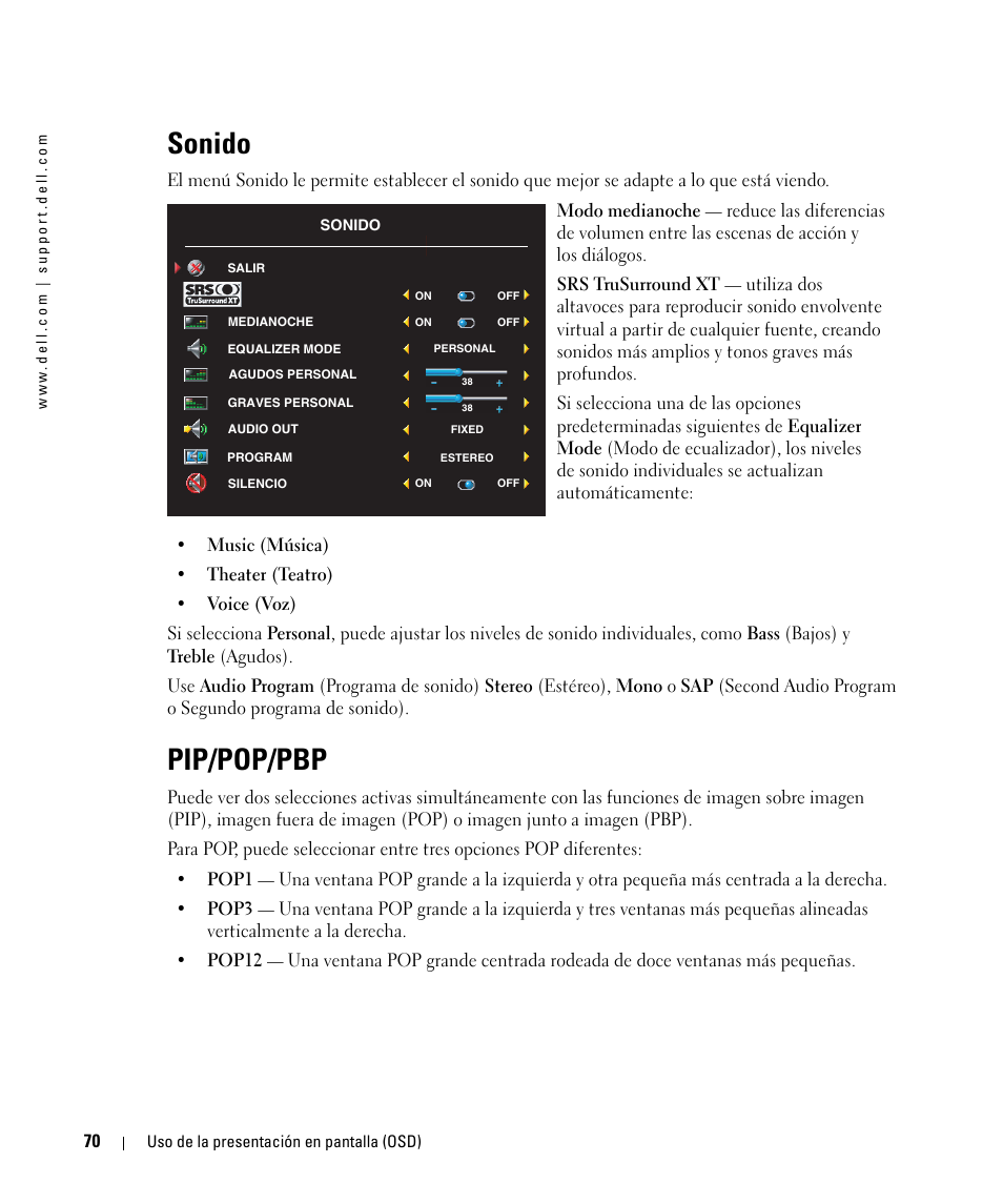 Sonido, Pip/pop/pbp | Dell W1900 Manual del usuario | Página 26 / 46