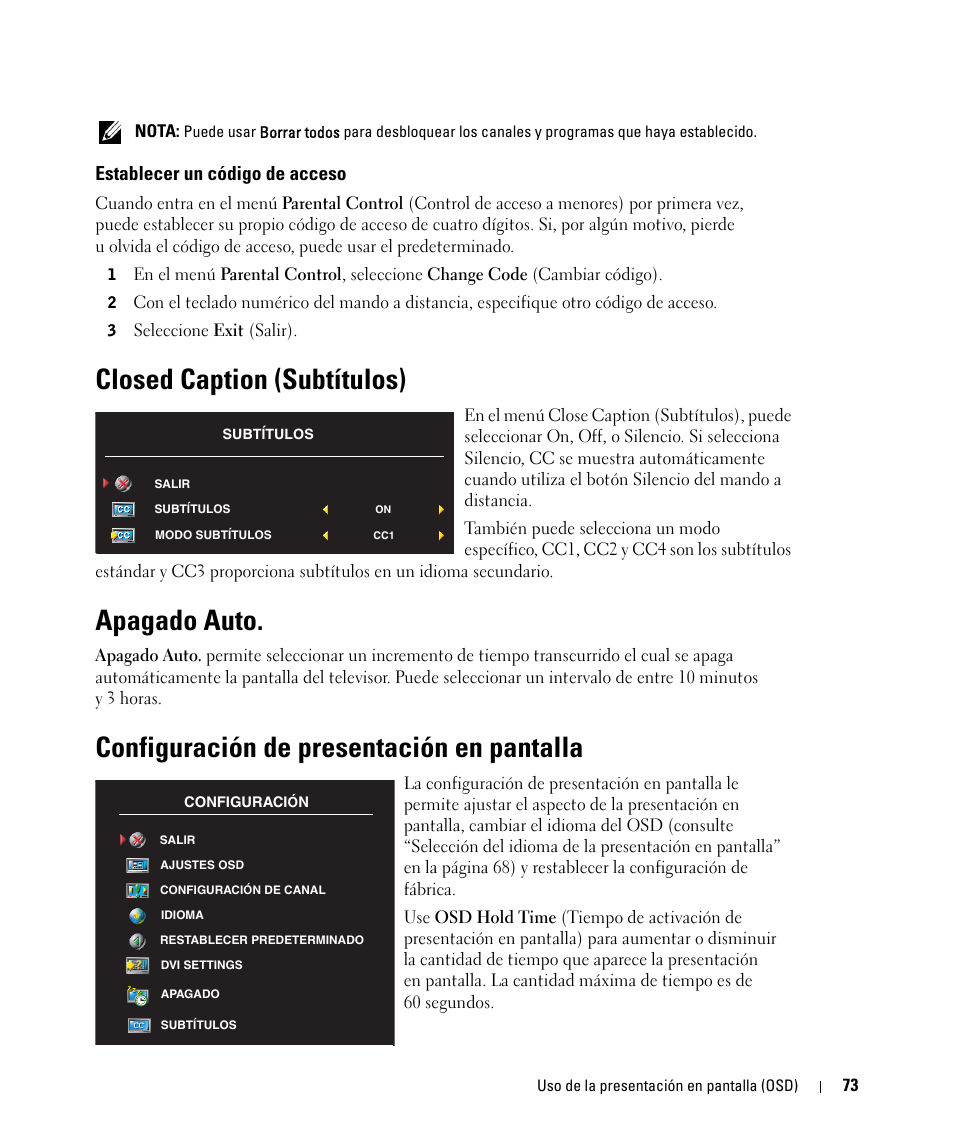 Closed caption (subtítulos), Apagado auto, Configuración de presentación en pantalla | Dell W1900 Manual del usuario | Página 29 / 46