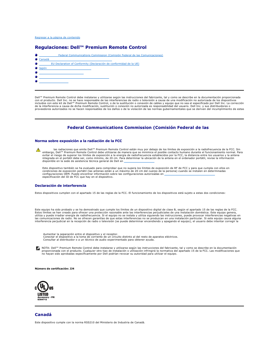 Regulaciones: dell™ premium remote control | Dell Premium Remote Control Manual del usuario | Página 11 / 21