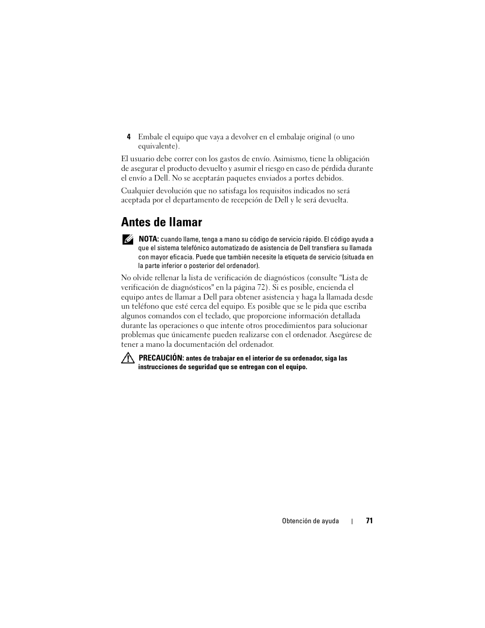 Antes de llamar | Dell Precision M2400 (Mid 2008) Manual del usuario | Página 71 / 78