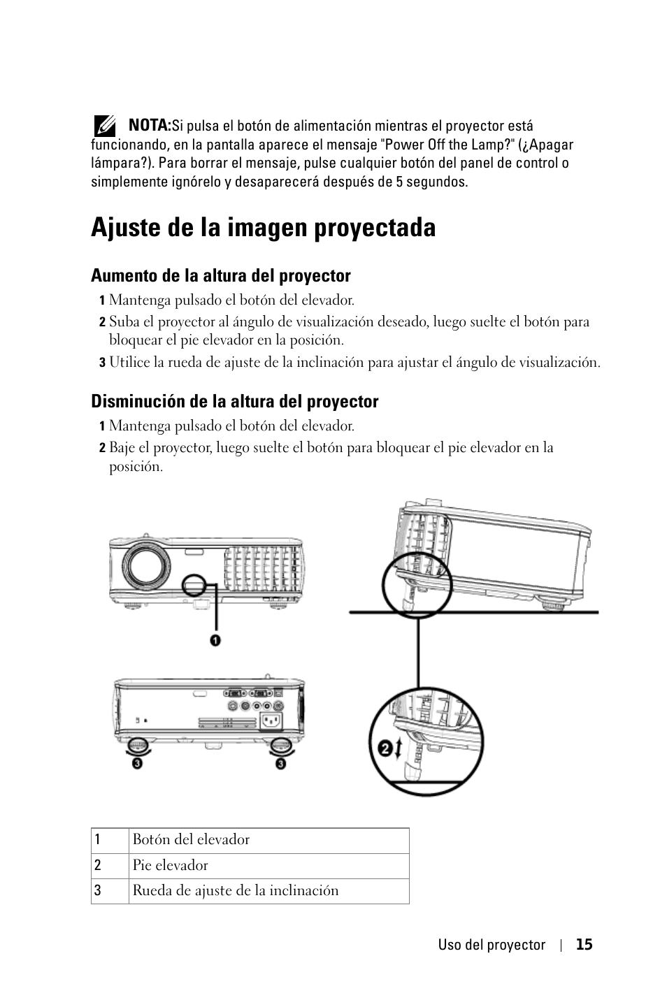 Ajuste de la imagen proyectada, Aumento de la altura del proyector, Disminución de la altura del proyector | Dell 2400MP Projector Manual del usuario | Página 15 / 50