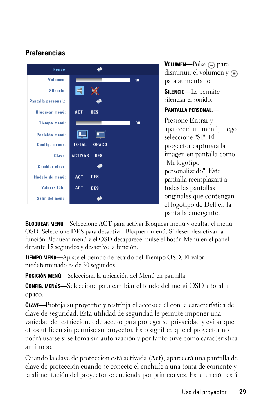 Preferencias | Dell 2400MP Projector Manual del usuario | Página 29 / 50