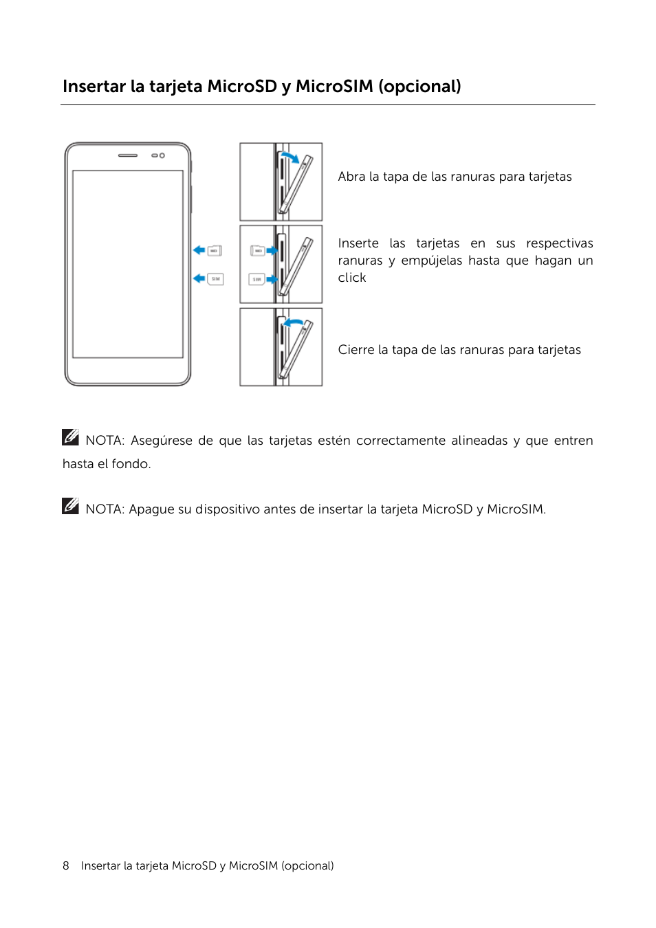 Insertar la tarjeta microsd y microsim (opcional) | Dell Venue 7 (3741, Late 2014) Manual del usuario | Página 8 / 30