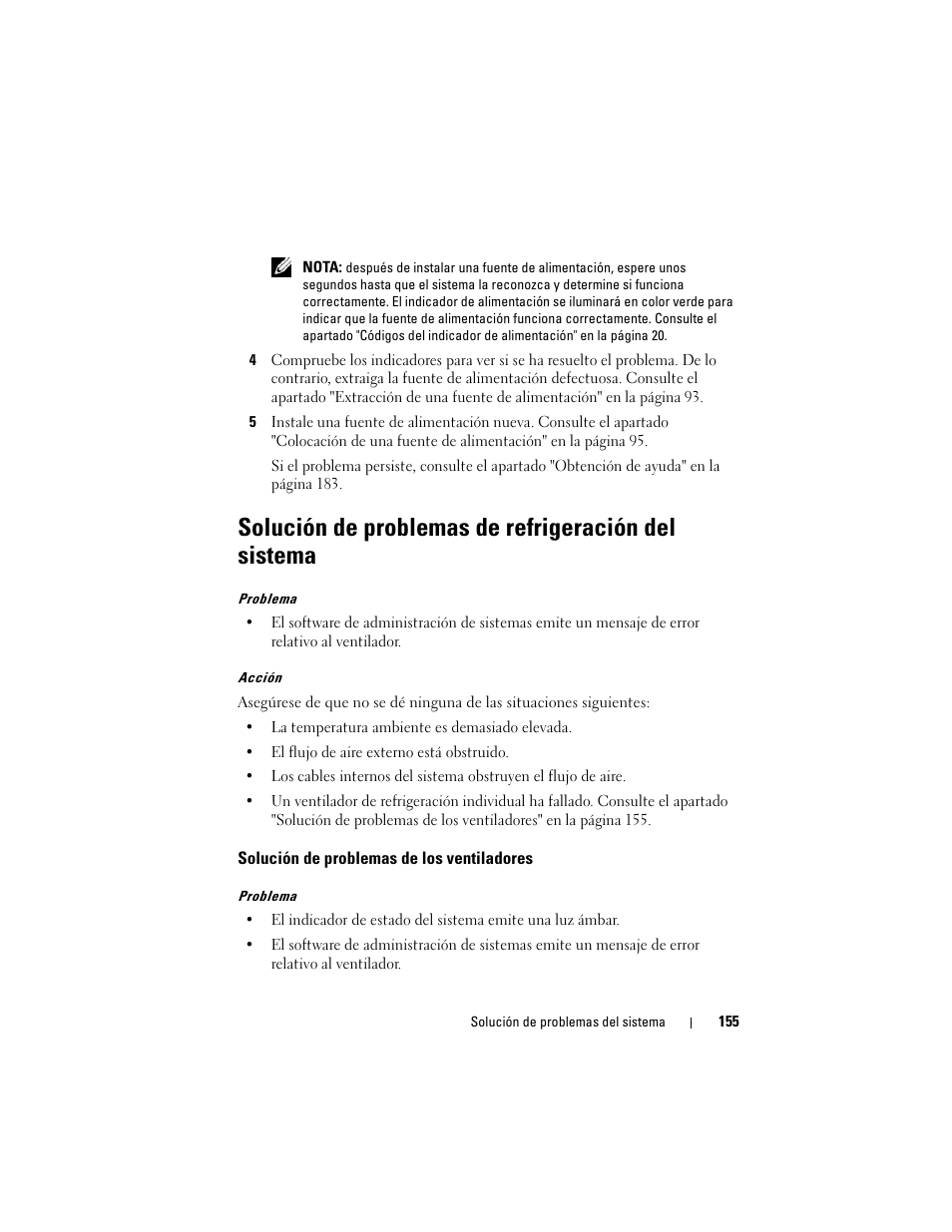 Solución de problemas de refrigeración del sistema, Solución de problemas de los ventiladores | Dell PowerVault DL2000 Manual del usuario | Página 155 / 206