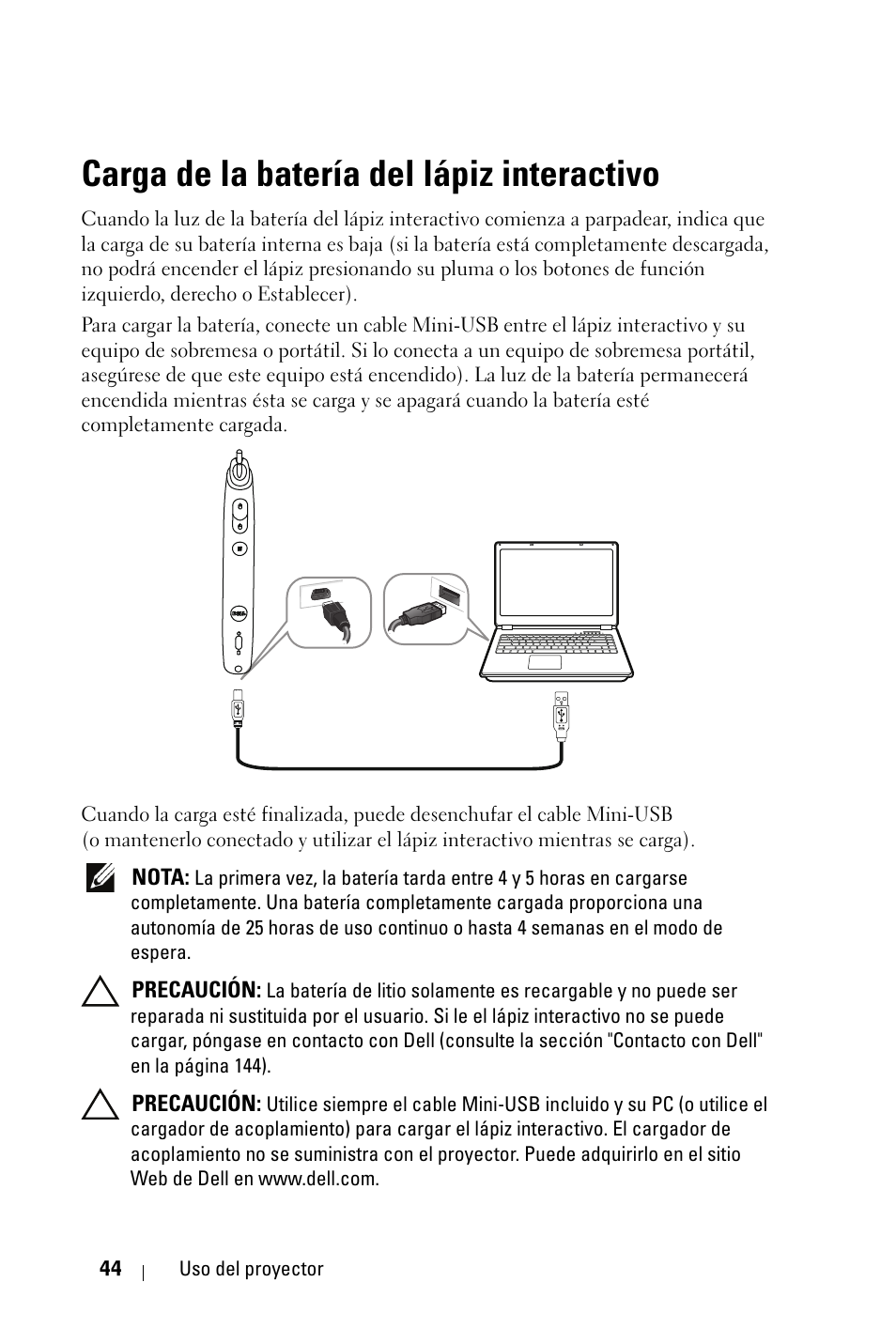 Carga de la batería del lápiz interactivo | Dell S320wi Projector Manual del usuario | Página 44 / 152