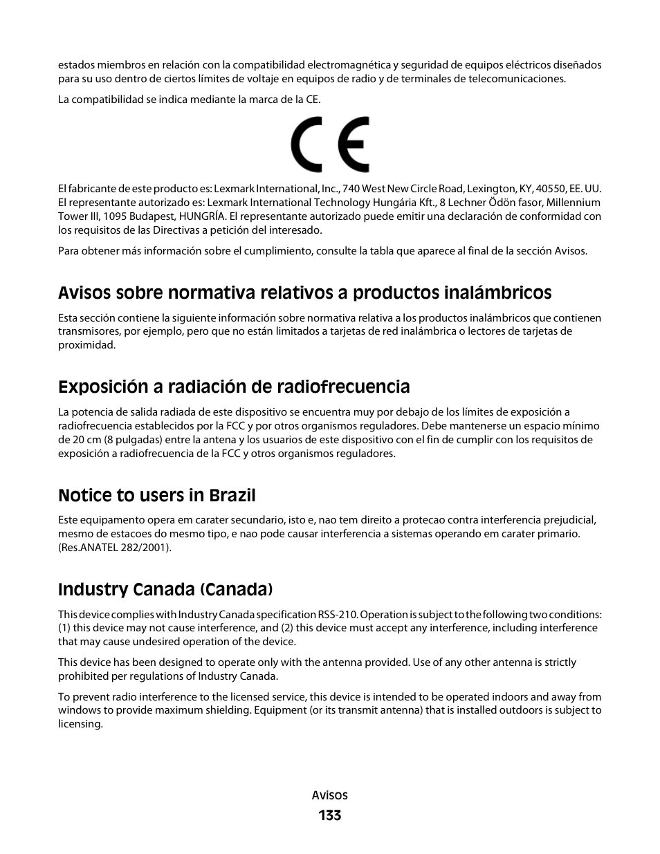 Exposición a radiación de radiofrecuencia, Notice to users in brazil, Industry canada (canada) | Dell V313 All In One Inkjet Printer Manual del usuario | Página 133 / 142