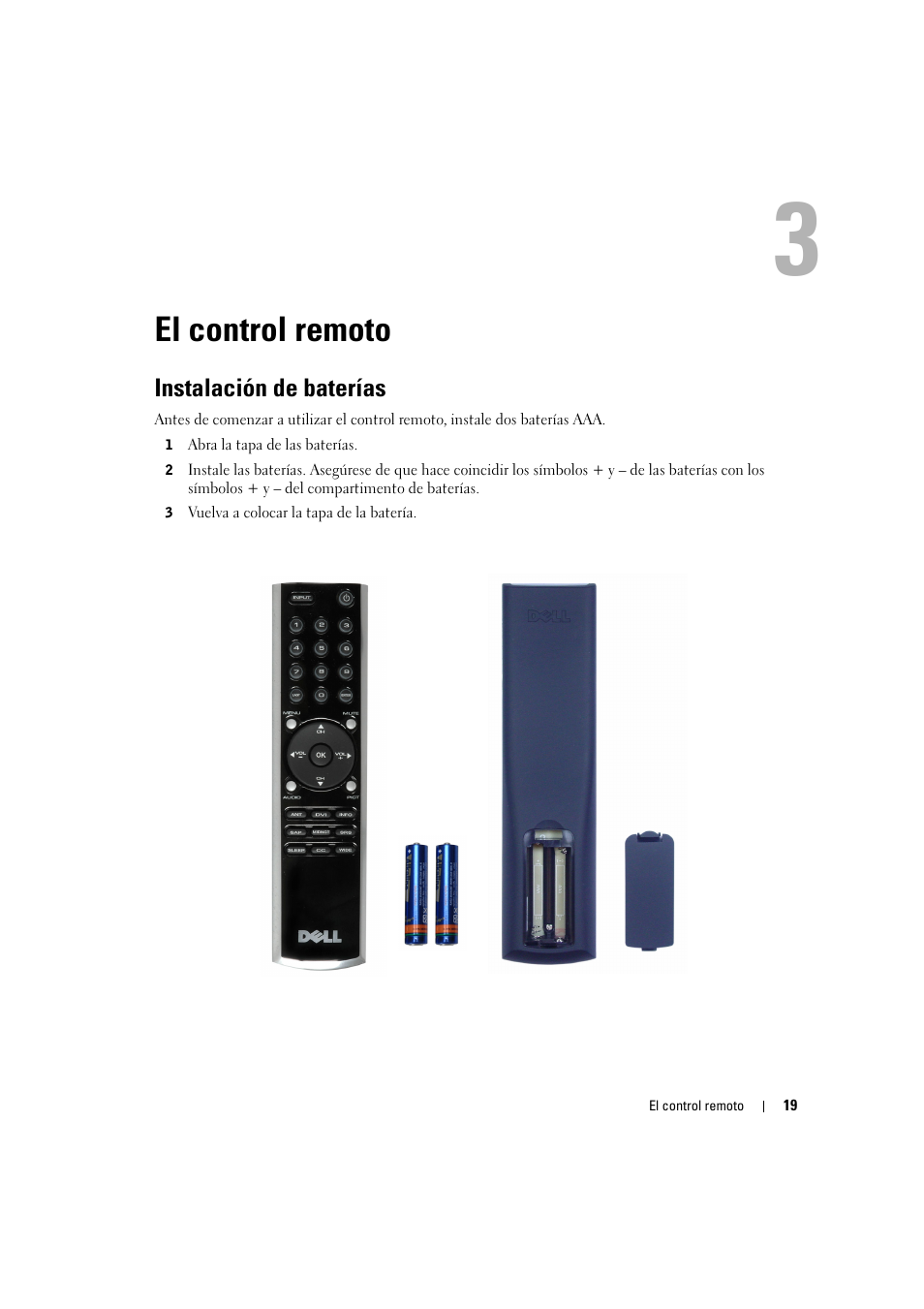 El control remoto, Instalación de baterías | Dell LCD TV W2606C Manual del usuario | Página 19 / 60