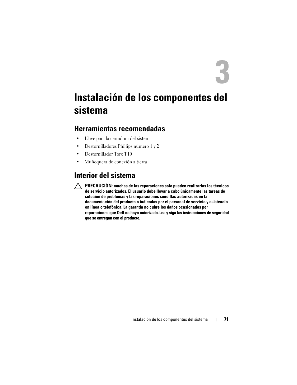 Instalación de los componentes del sistema, Herramientas recomendadas, Interior del sistema | Dell PowerVault NX3100 Manual del usuario | Página 71 / 182