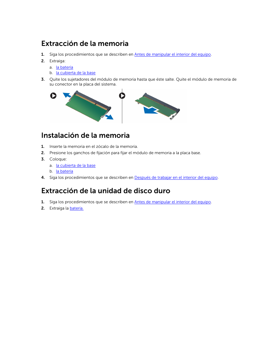 Extracción de la memoria, Instalación de la memoria, Extracción de la unidad de disco duro | Dell Precision M2800 (Early 2014) Manual del usuario | Página 19 / 81