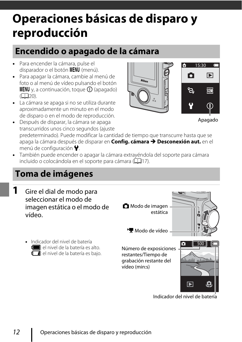 Operaciones básicas de disparo y reproducción, Encendido o apagado de la cámara toma de imágenes | Nikon KeyMission 80 Manual del usuario | Página 22 / 48
