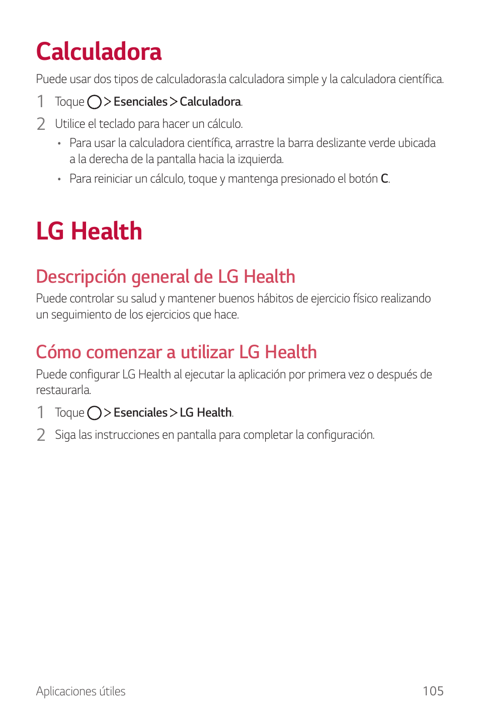 Calculadora, Lg health, Descripción general de lg health | Cómo comenzar a utilizar lg health | LG G6 H872 Manual del usuario | Página 106 / 185