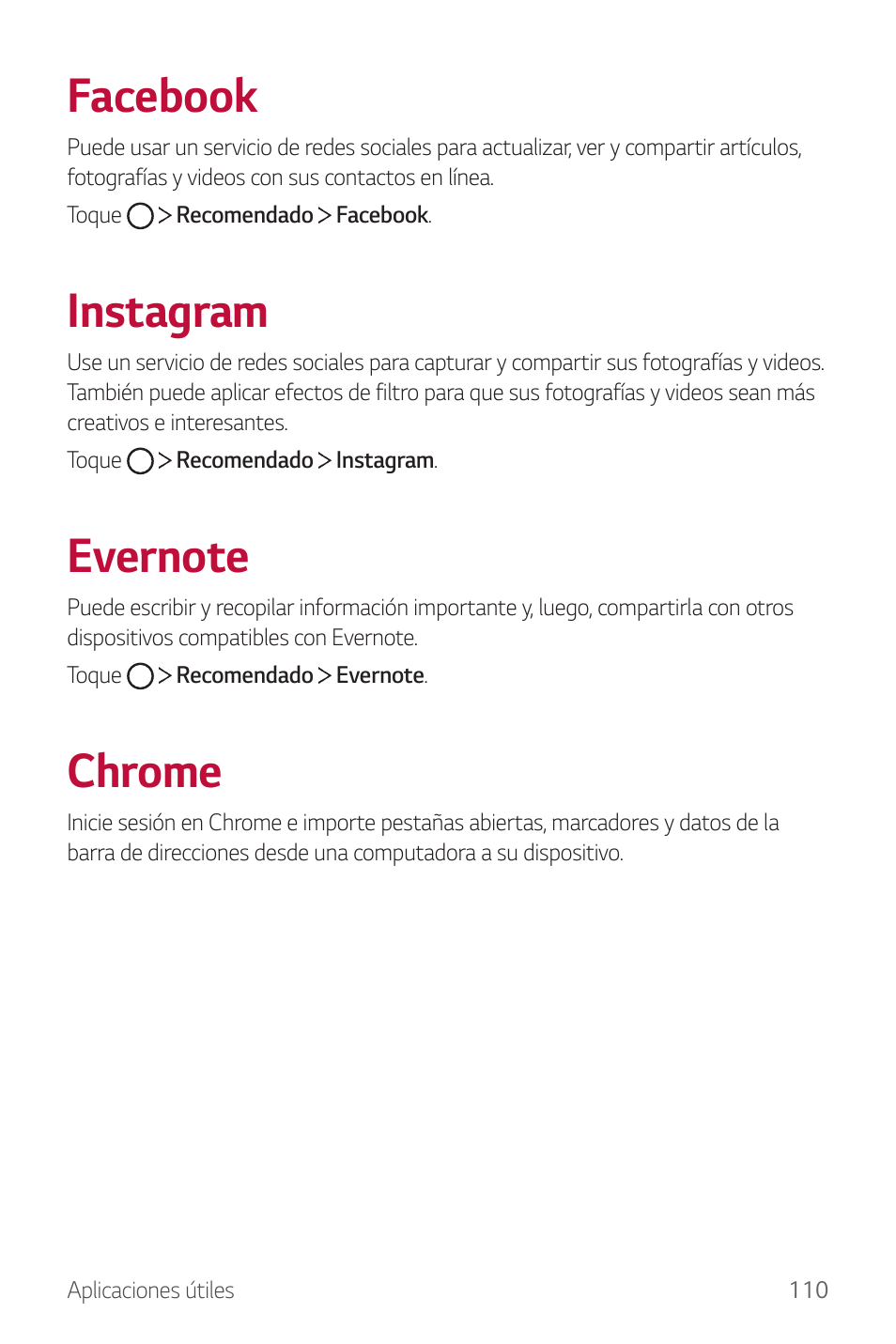 Facebook, Instagram, Evernote | Chrome | LG G6 H872 Manual del usuario | Página 111 / 185