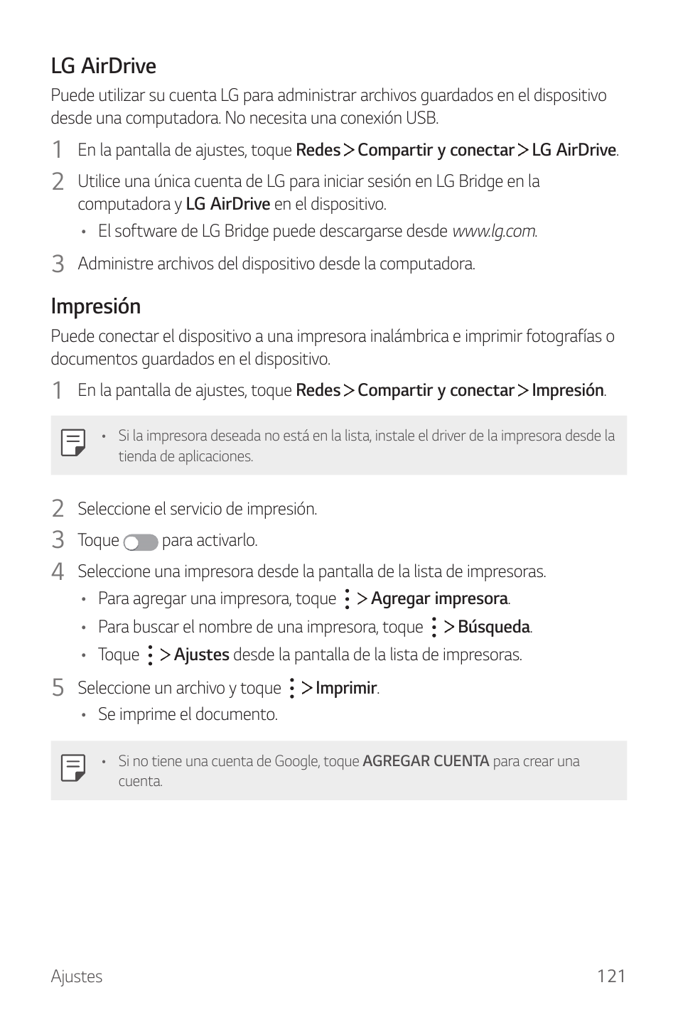 Lg airdrive, Impresión | LG G6 H872 Manual del usuario | Página 122 / 185